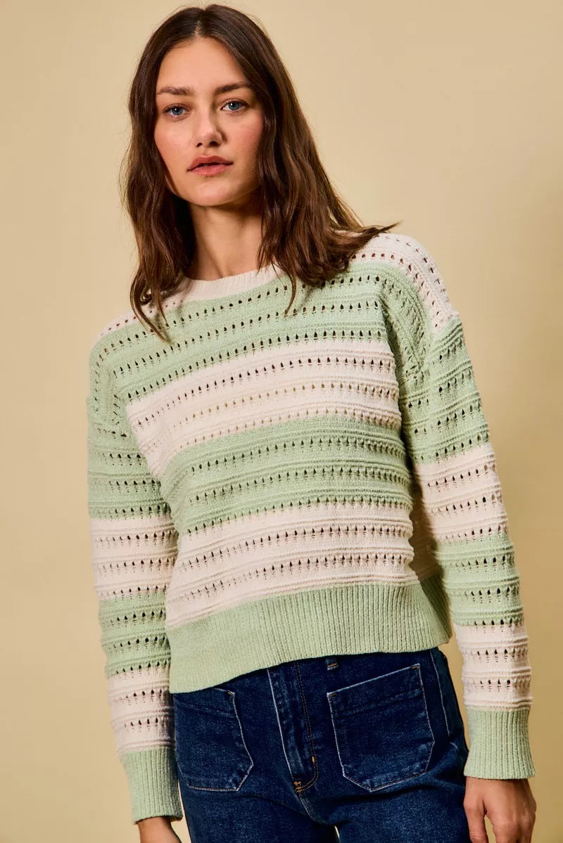 Openwork Round Neck Wide Stripe Textured Sweater