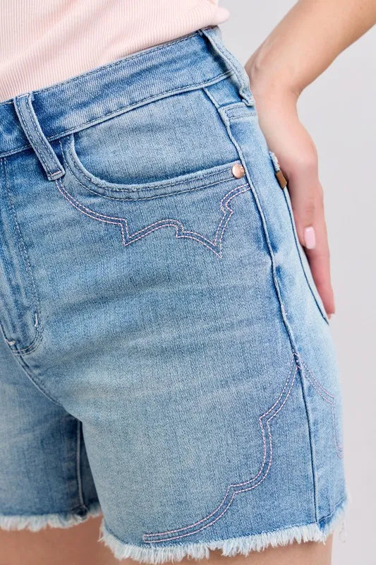 Full Size High Waist Western Embroidery Detail Cut Off Denim Shorts Plus Size