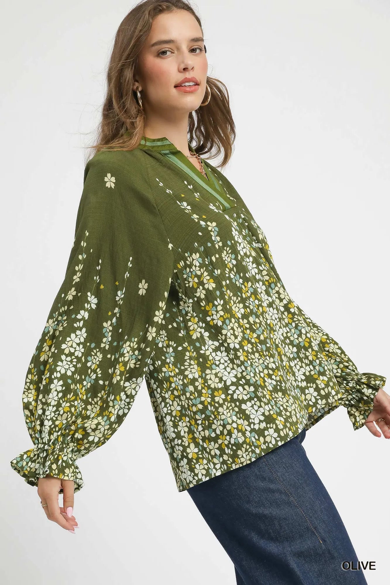 Floral Vine Print Blouse with Balloon Sleeves