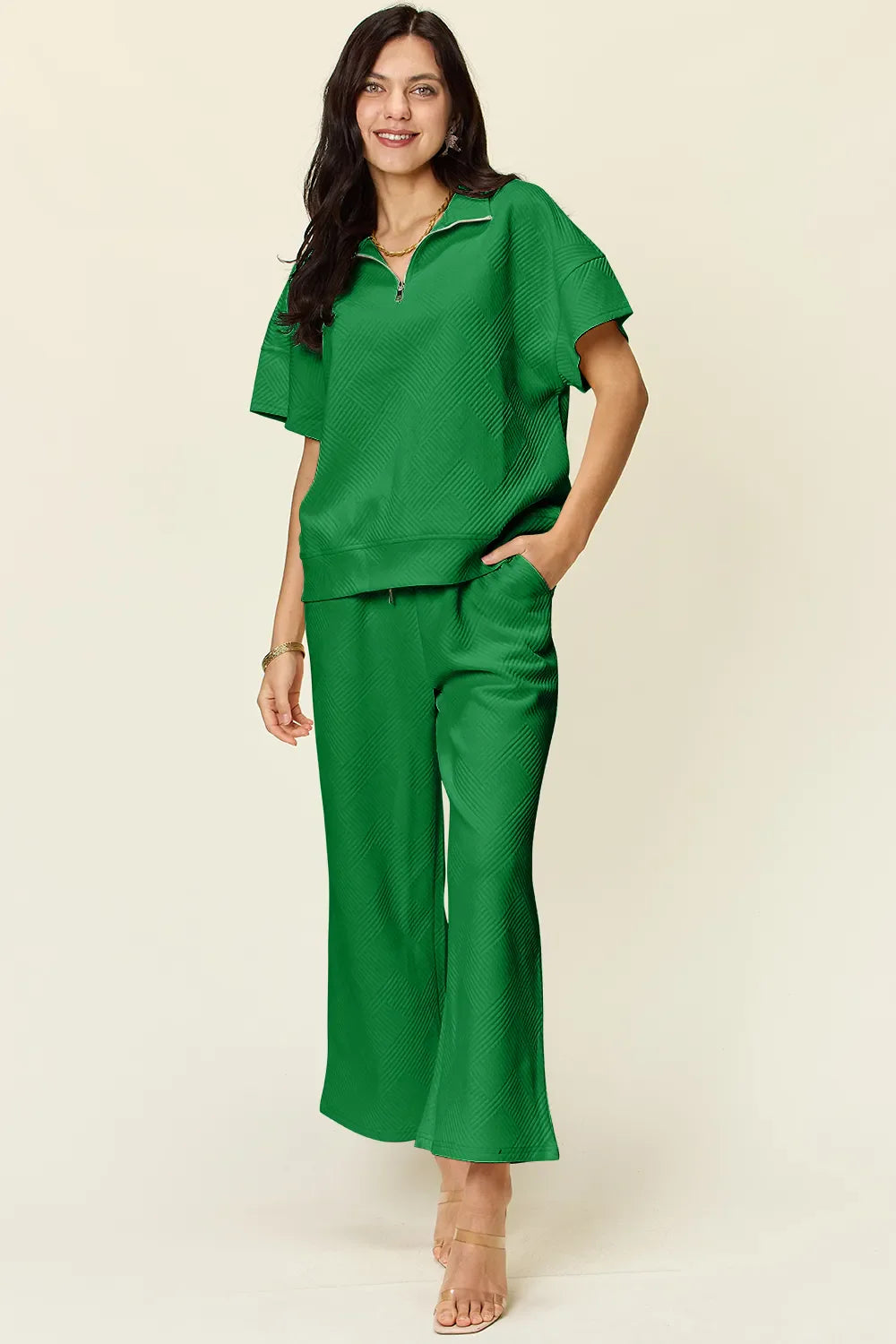 I am a Fashion Junky Full Size Texture Half Zip Short Sleeve Top and Pants Set