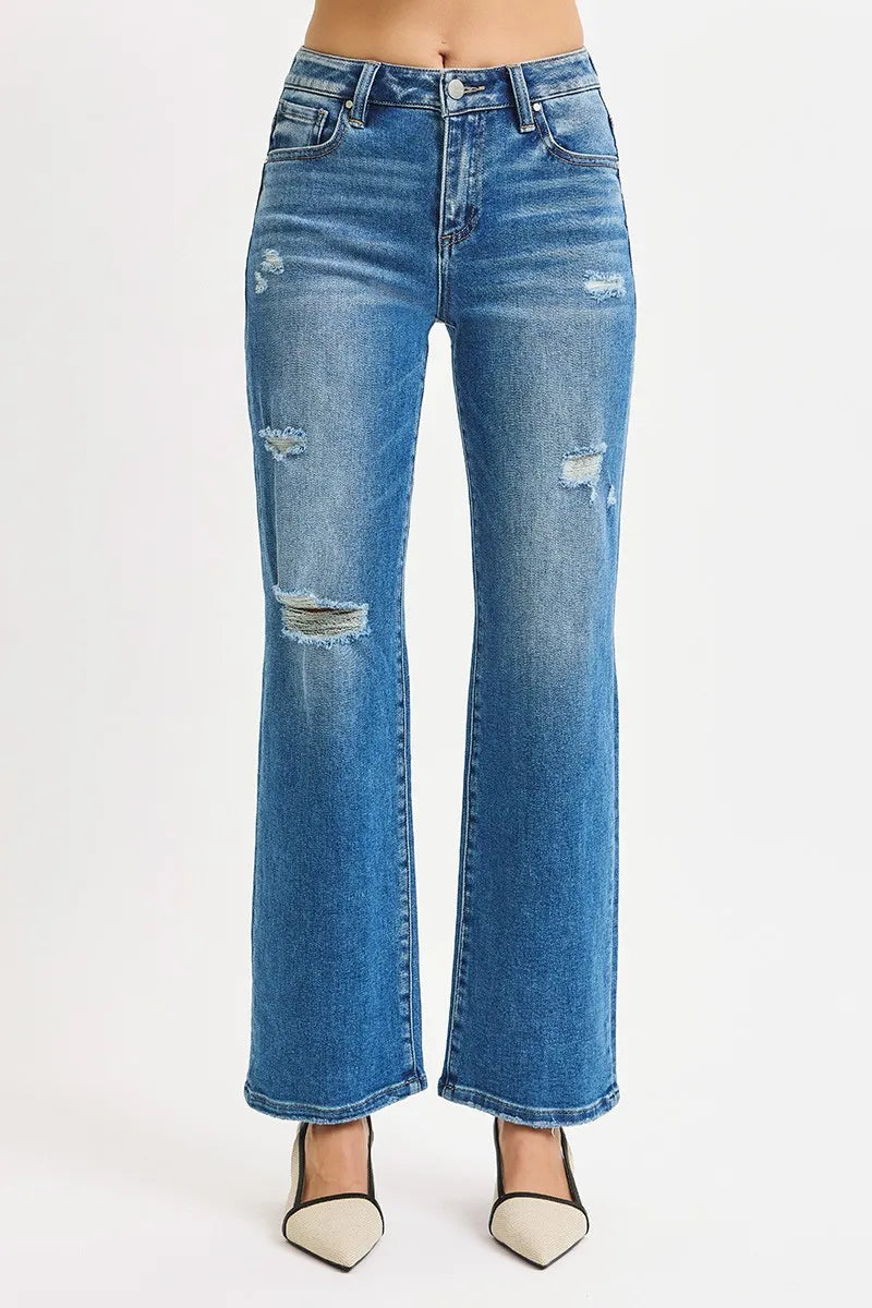 Full Size High Rise Ankle Straight Front Body Distressed Jeans Plus Size