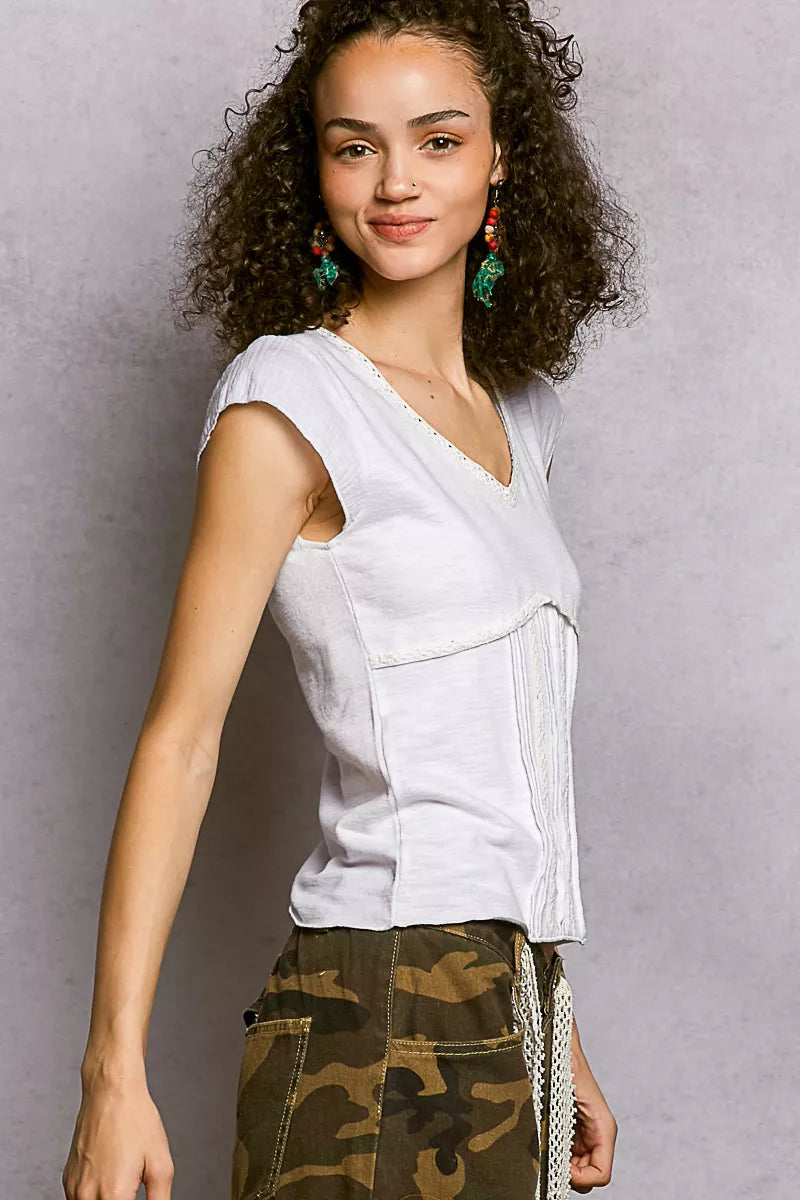 V-Neck Lightweight Textured Short Sleeve Knit Top with Lace Trim