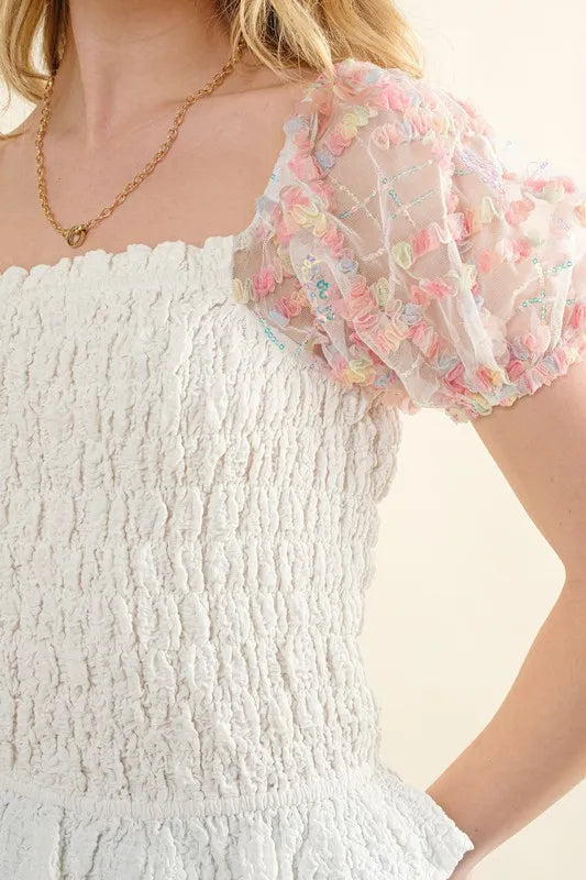 Embellishment Sleeve Smocked Top