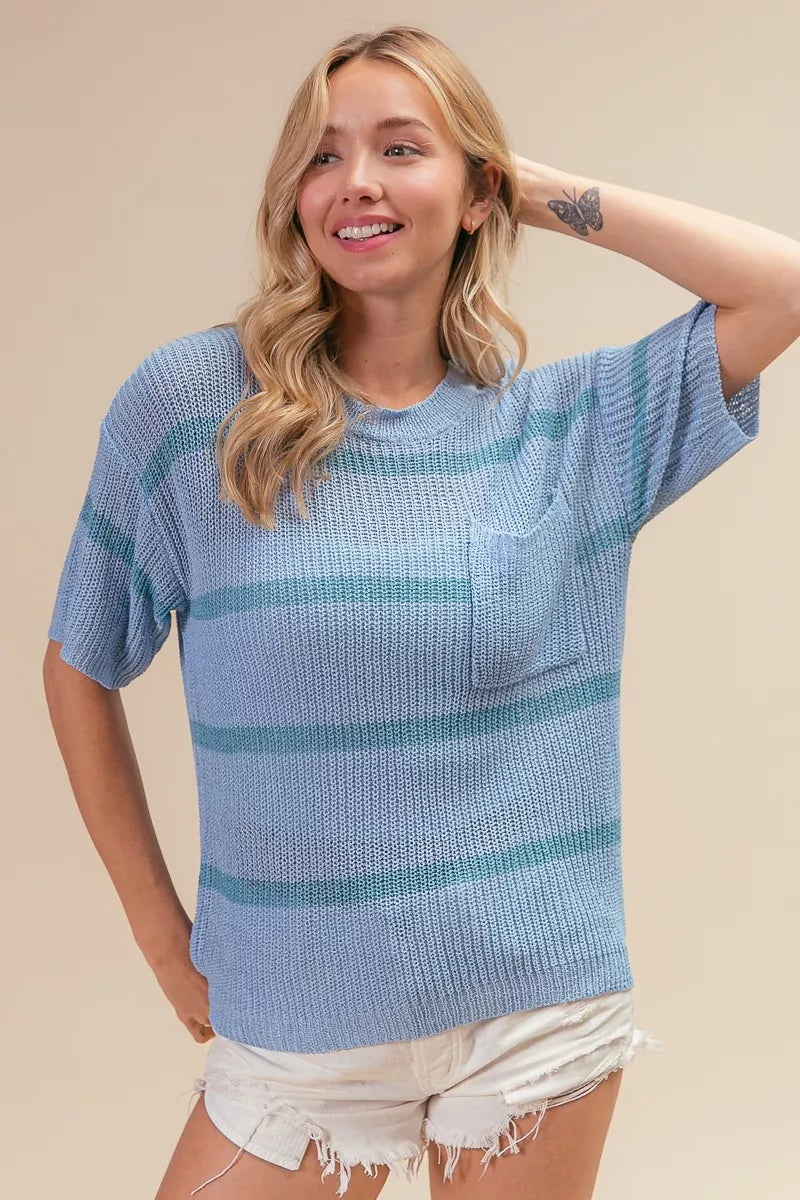 Patch Pocket Striped Lightweight Sweater Top