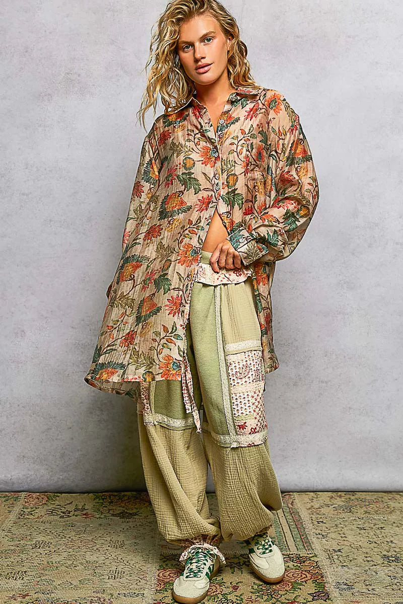 Metal Button Down Floral Long Sleeve Shirt