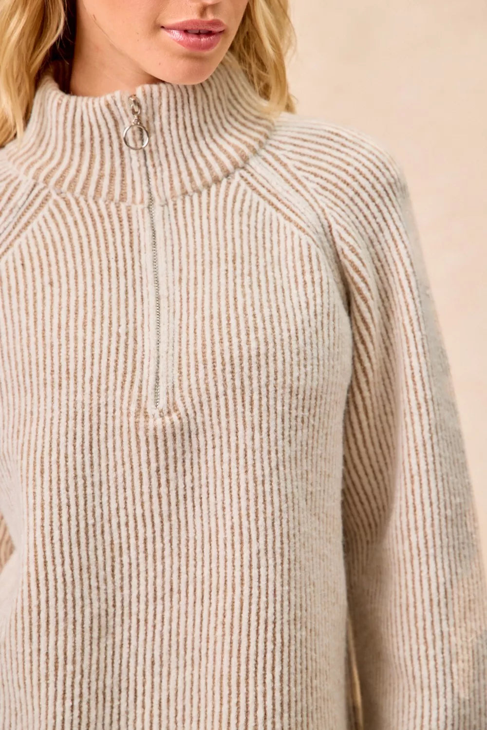 Two Tone Rib Texured Knit Collared Top with Zip Up
