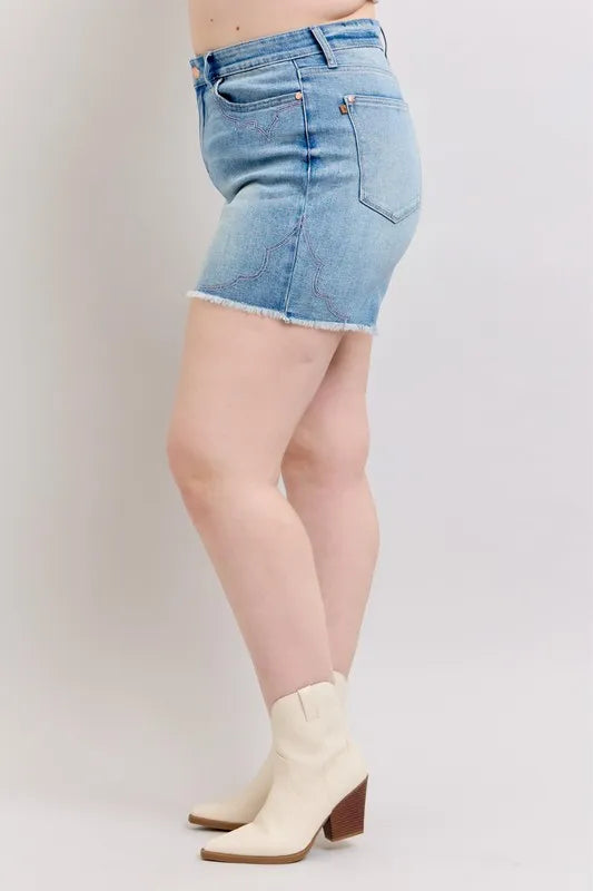 Full Size High Waist Western Embroidery Detail Cut Off Denim Shorts Plus Size