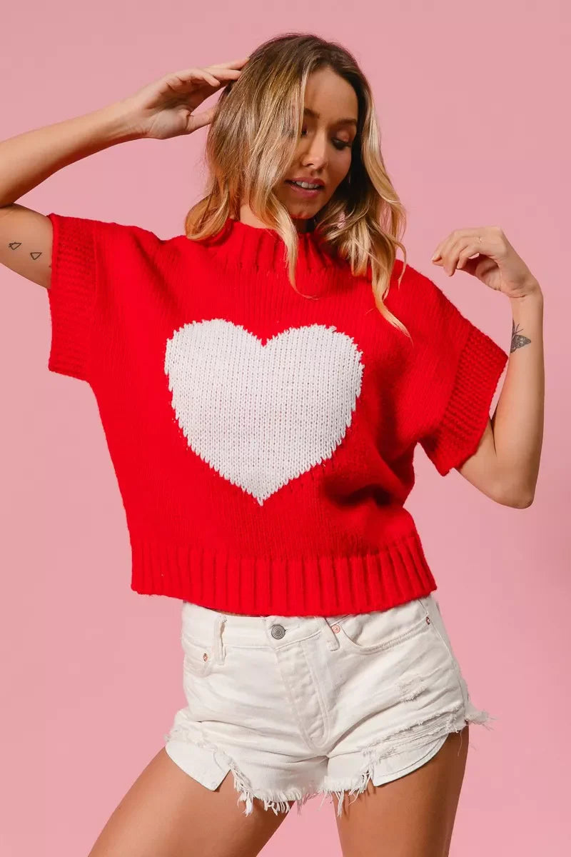 Rib Banded Heart Pattern Valentines Sweater