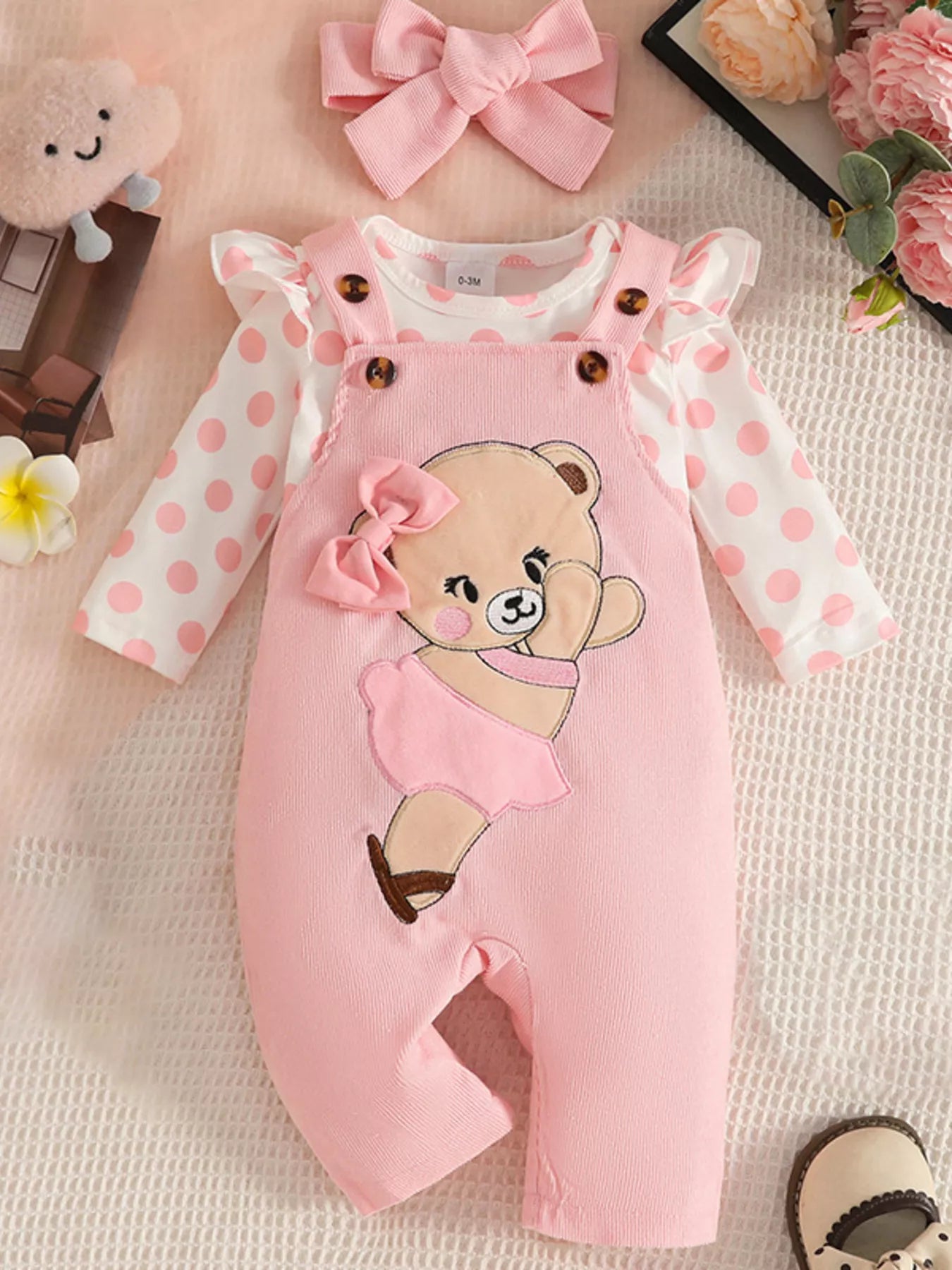 Children's Polka Dot Bodysuit and Overalls Set with Headband