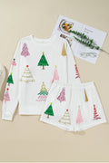 White Stripe Multi Christmas Tree Long Sleeve Top and Shorts 2pcs Lounge Set