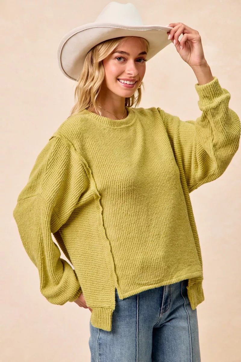 Boucle Rib Knit Uneven Hem Sweater With Open Seam