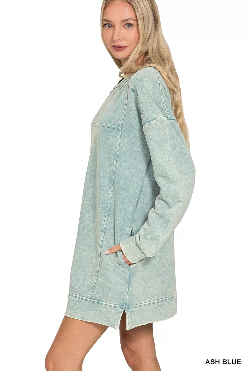French Terry Acid Washed Dress with Pockets