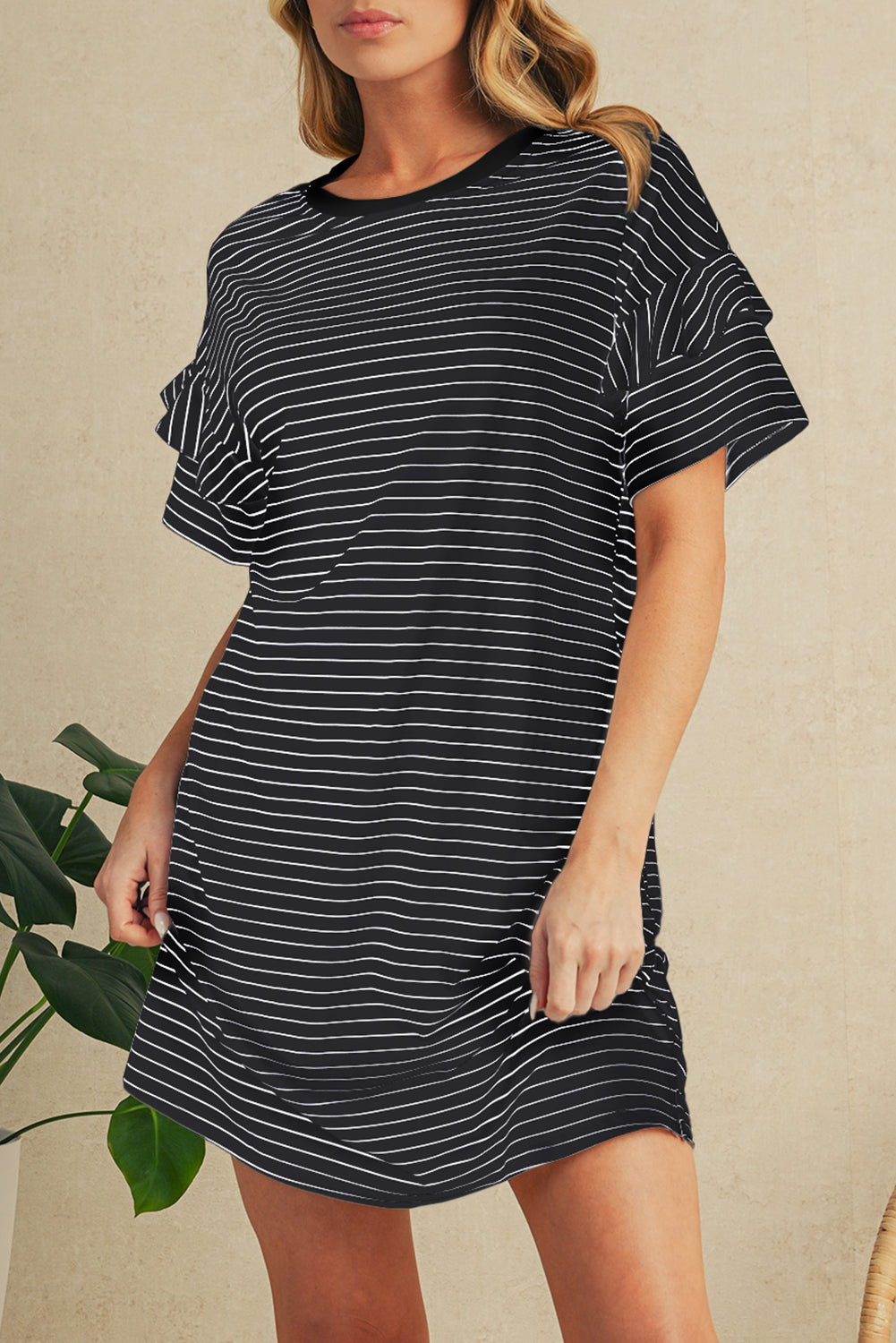 White Stripe Ruffle Short Sleeve T Shirt Mini Dress