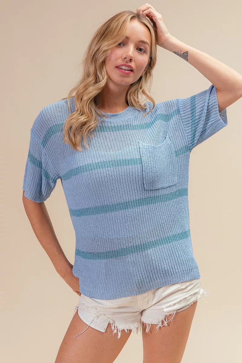 Patch Pocket Striped Lightweight Sweater Top