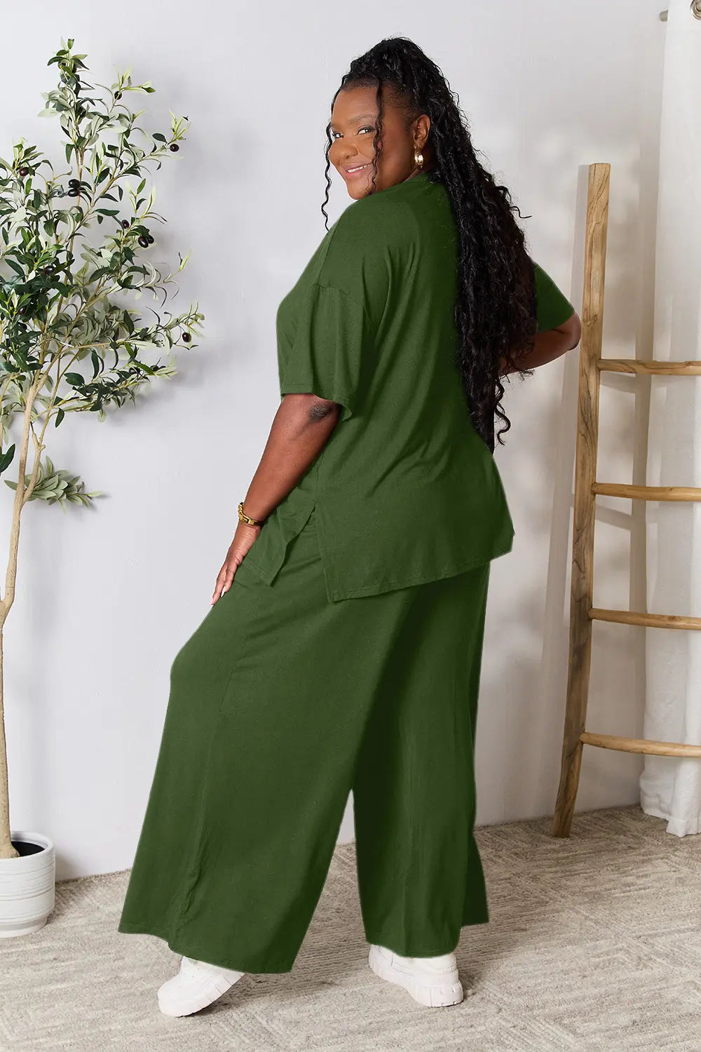 I am a Fashion Junky Full Size Round Neck Slit Top and Pants Set