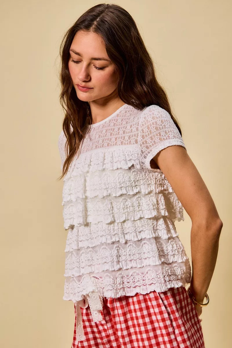 Ruffle Tiered Stretch Lace Short Sleeves Knit Top