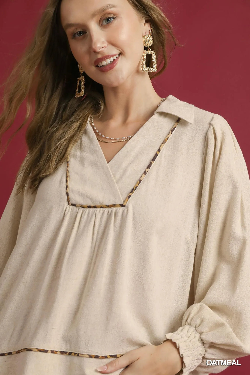 Full Size Linen Scallop Hem Blouse with Contrast Trim Plus Size