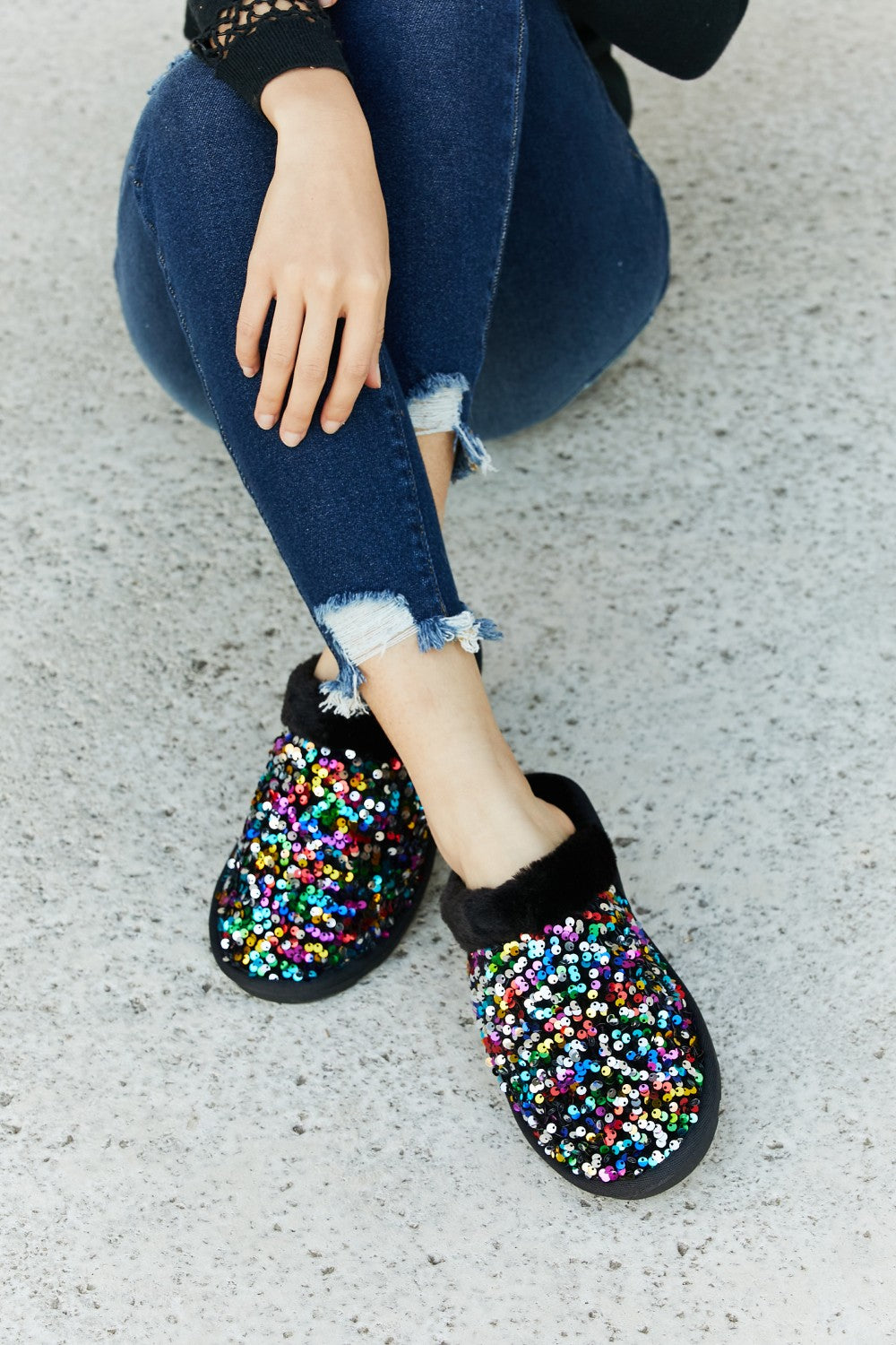 Multicolored Sequin Faux Fur Slipper