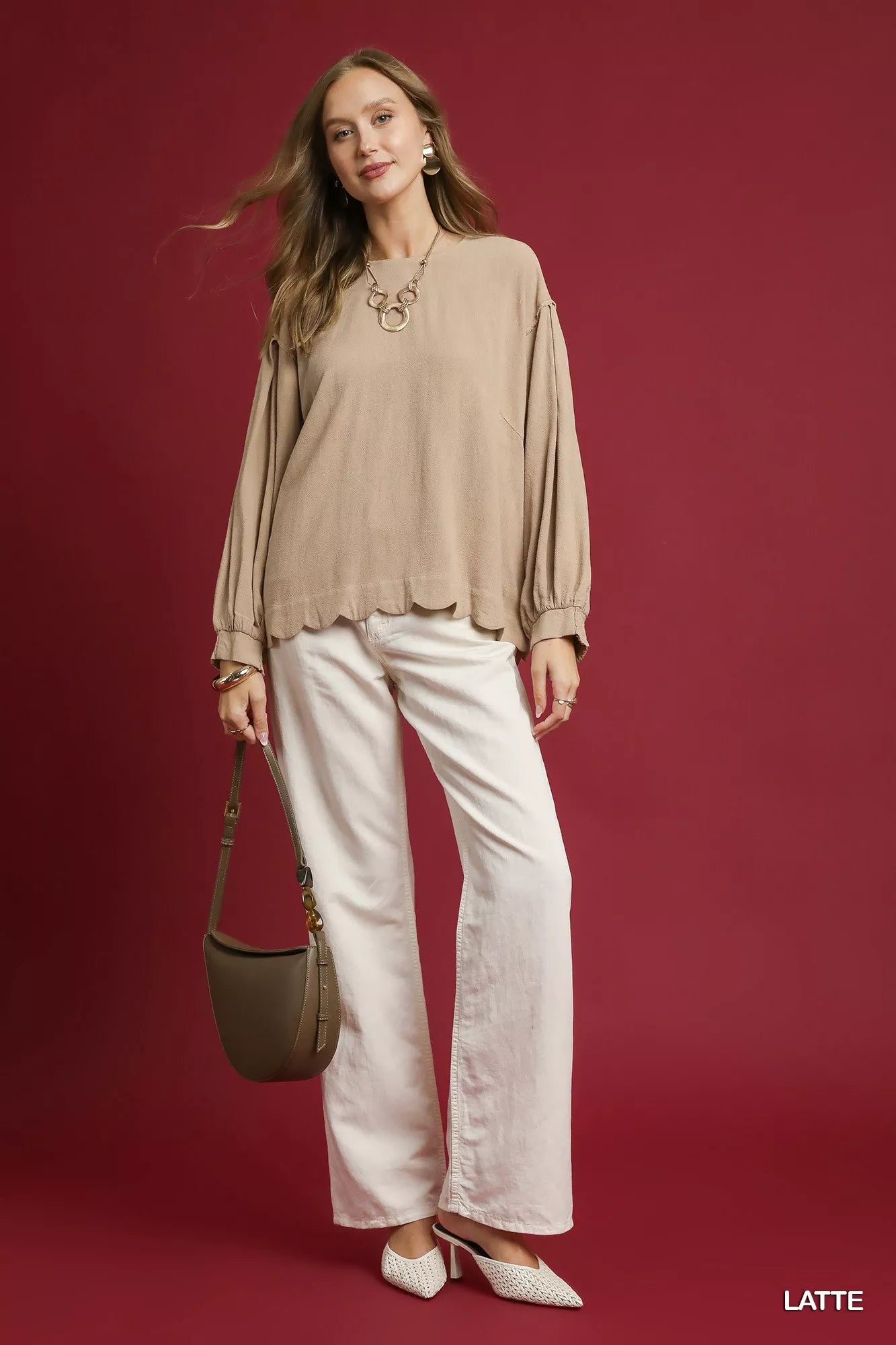 Linen Scallop Hem Long Sleeve Blouse