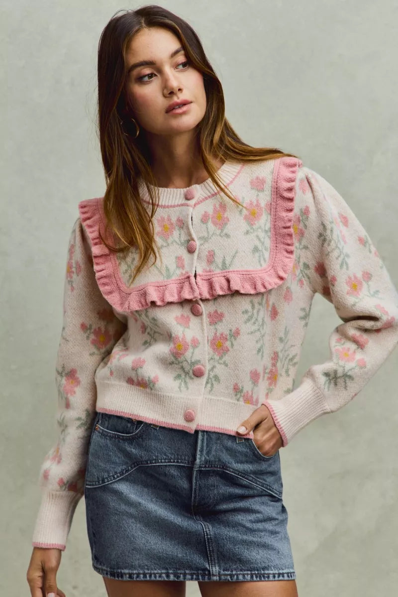 Flower With Ruffle Detailing Sweater Cardigan