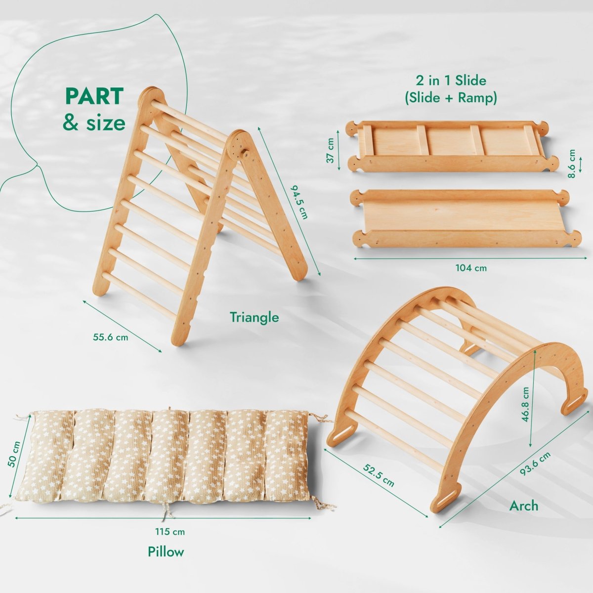 4in1 Montessori Climbing Set: Triangle Ladder + Climbing Arch + Slide Board & Cushion – Beige