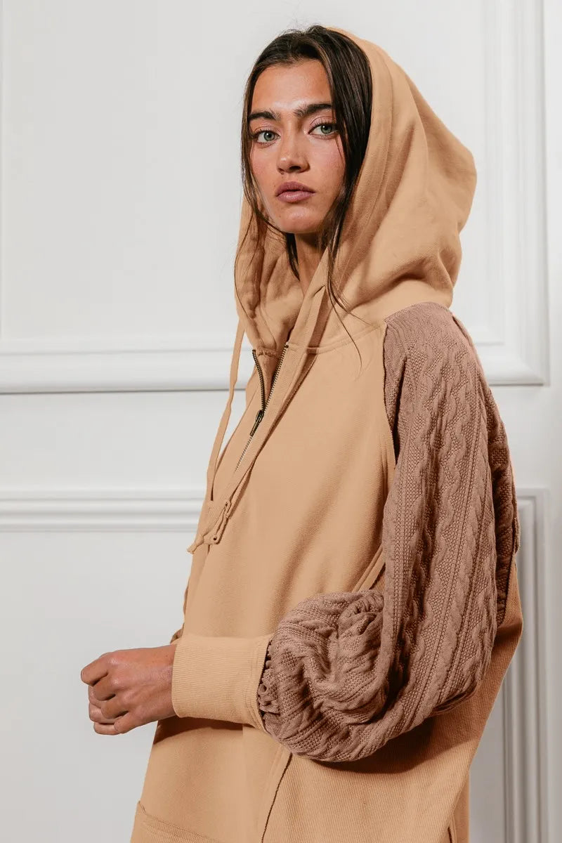 Half Zip French Terry Hoodie with Kint Sleeves