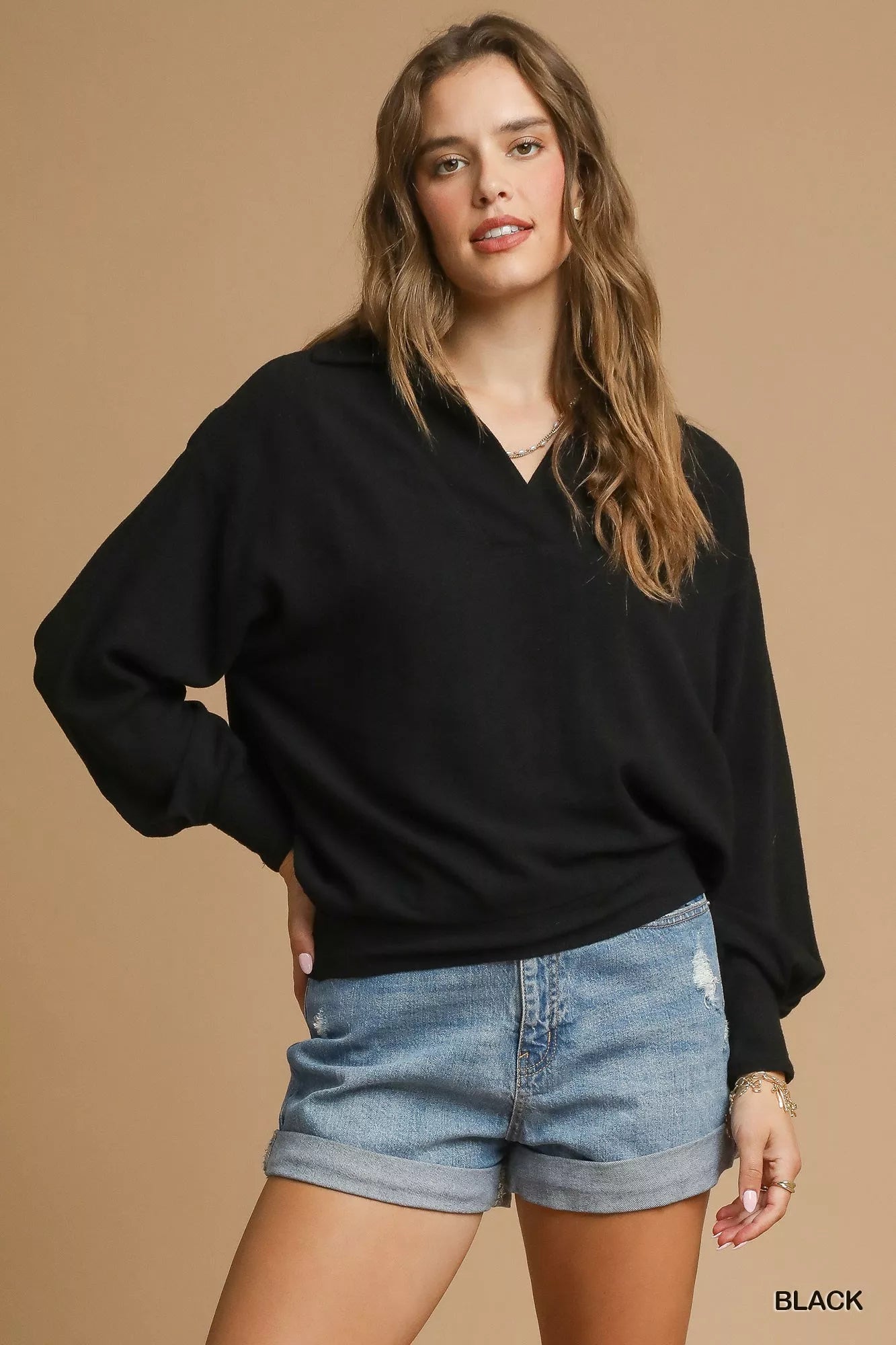 Linen Long Sleeves Elastic Hem Blouse