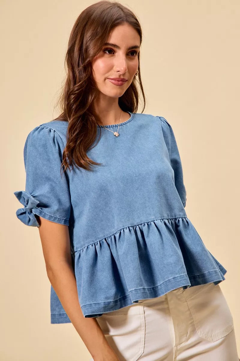 Denim Bow Detail Short Sleeves Peplum Top