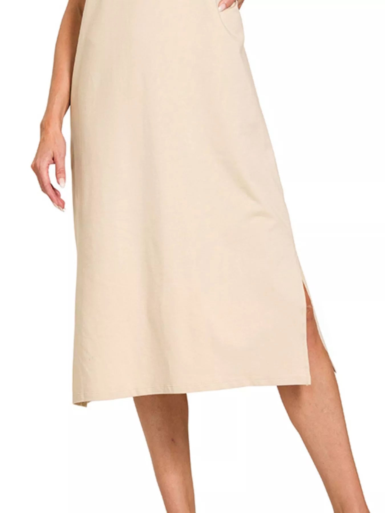 Round Neck Side Slit Midi Dress