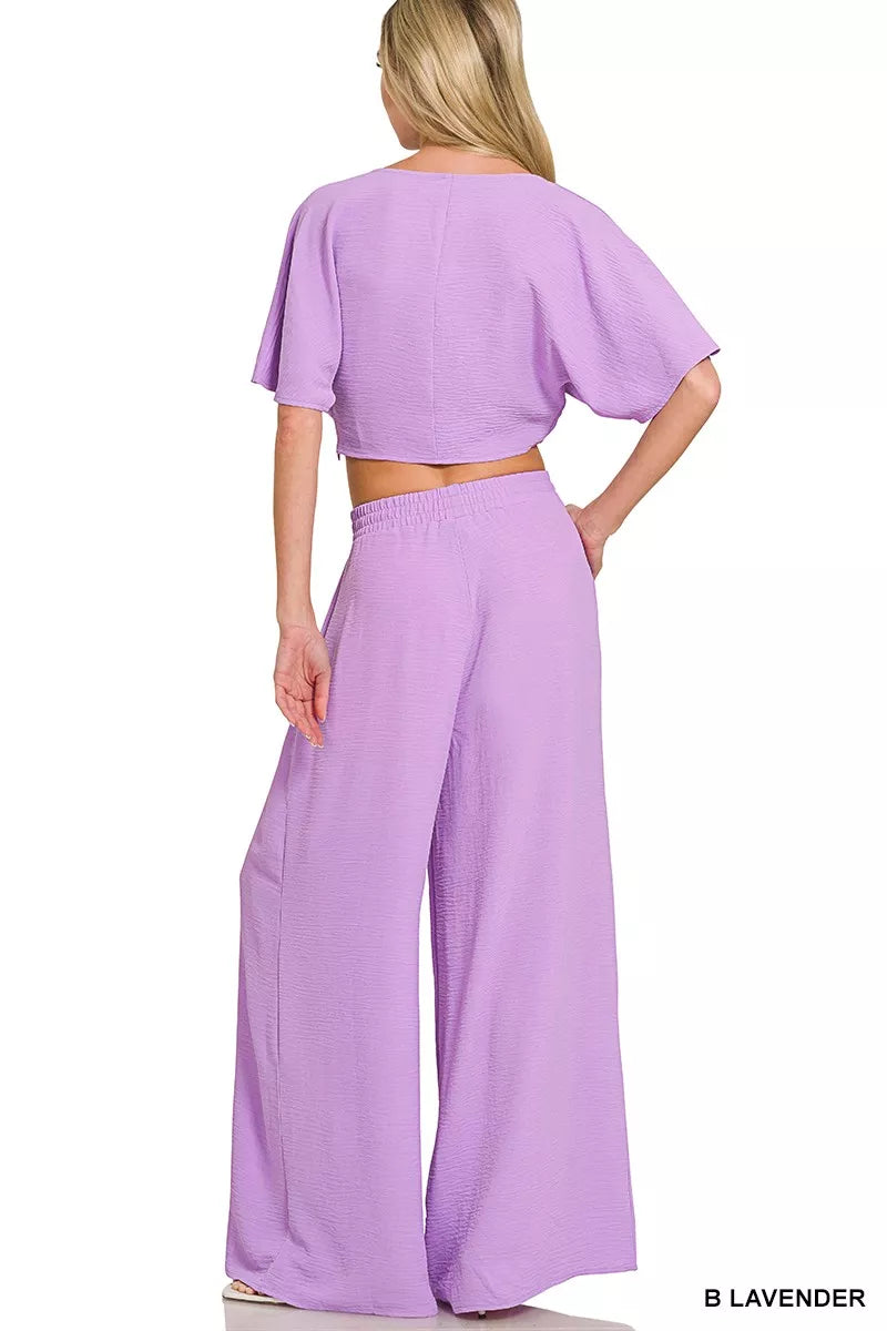 Woven Airflow Twisted Top & Wide Leg Pants Set