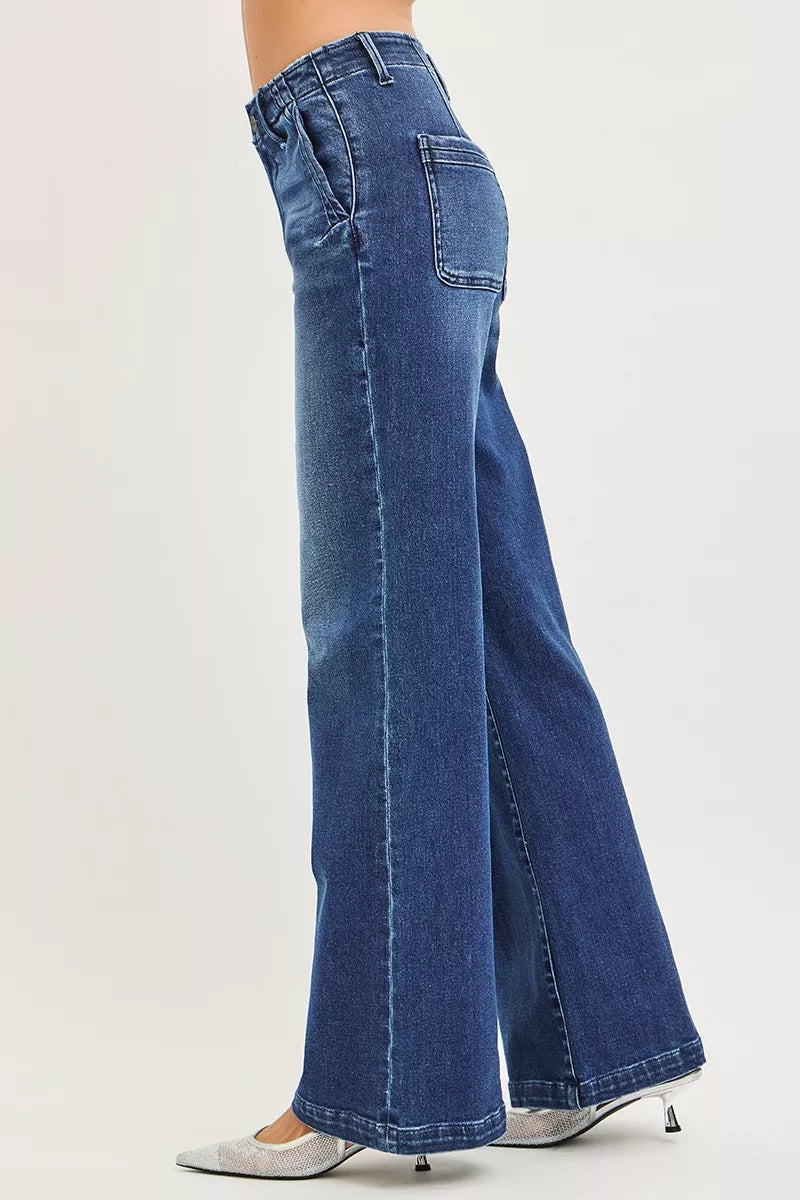 High Rise Wide Leg Slanted Pocket Jeans