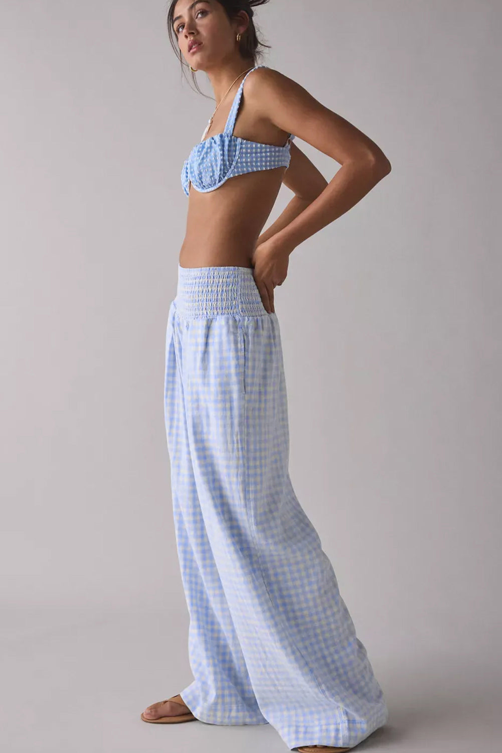Myosotis Plaid Print Smocked High Waist Womens Loose Pants