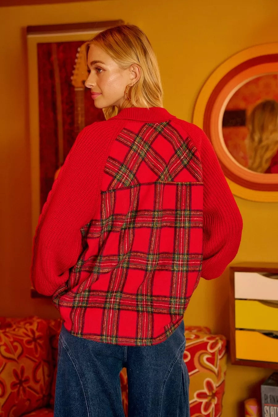 Plaid Buttoned Collared Top with Sweater Sleeve