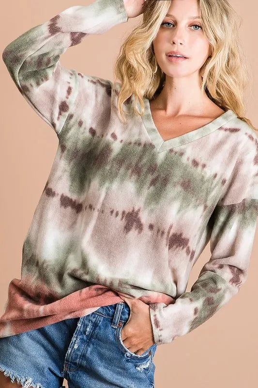 Brushed Tie Dye Looking Print V Neck Top