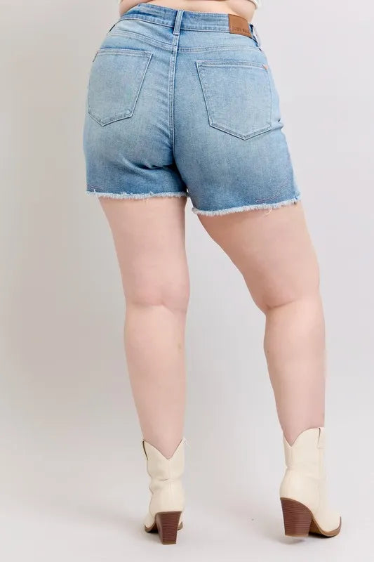 Full Size High Waist Western Embroidery Detail Cut Off Denim Shorts Plus Size