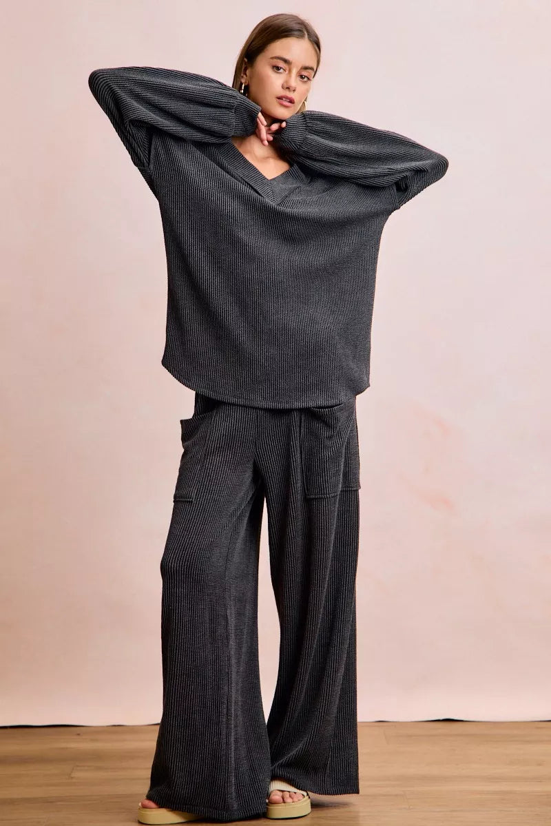 Two Tone Cord Rib Contrast Stitching V-Neck Top and Pants Set