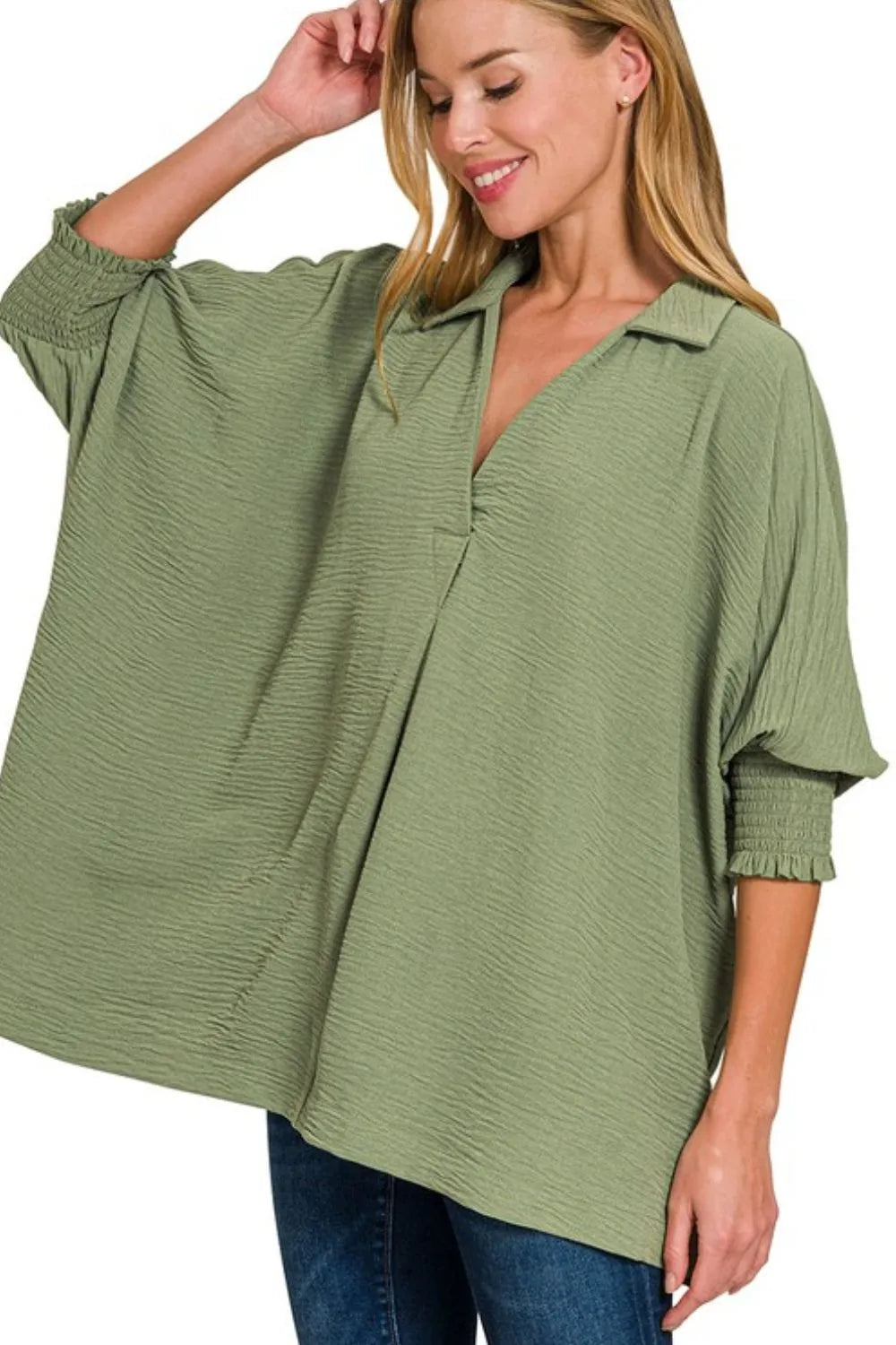 Airflow Collar Tee with Smocked Sleeve Band Top