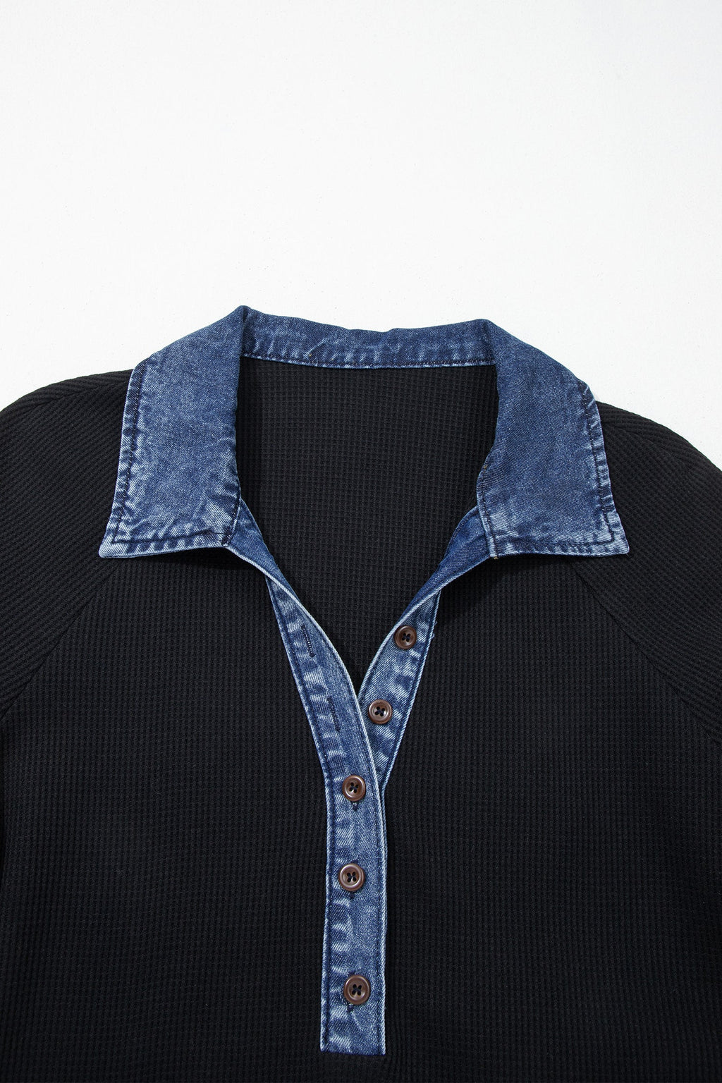 Black Waffle Knit Denim Contrast Trim Patchwork Button Collar Top