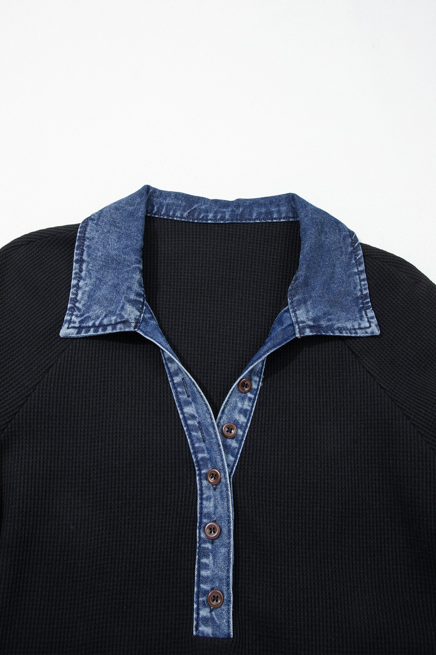 Black Waffle Knit Denim Contrast Trim Patchwork Button Collar Top
