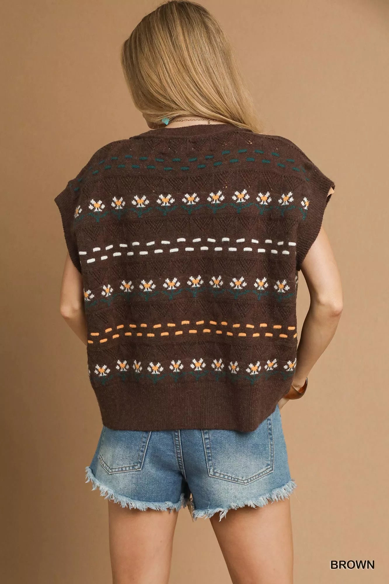 Button-Down Knit Vest with Floral Pattern