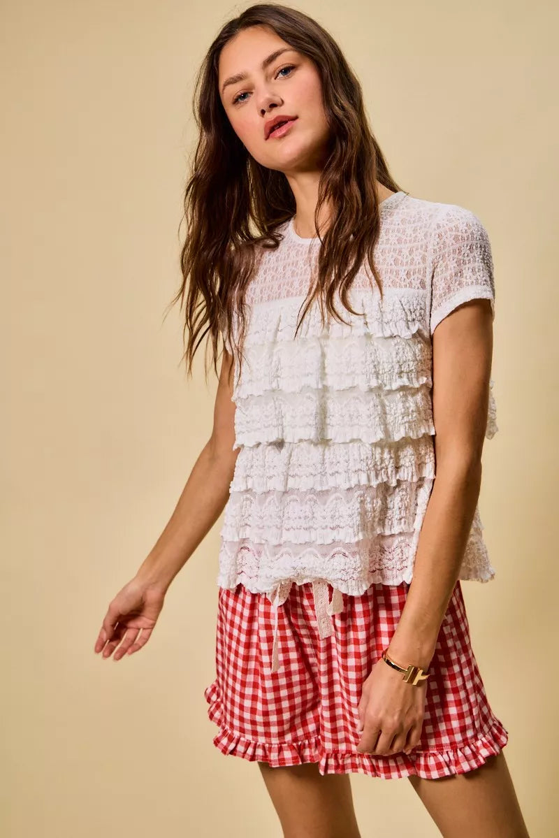 Ruffle Tiered Stretch Lace Short Sleeves Knit Top