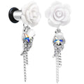 Clear Gem Angel Wing and White Rose Flower Single Flare Dangle Plug Sizes 6mm to 16mm