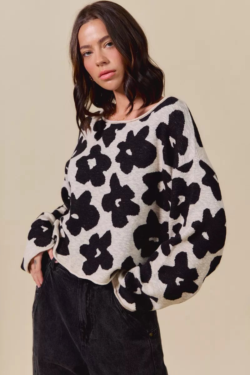 Loose Fit Flower Lightweight Sweater Top