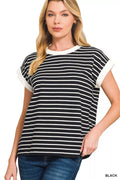 Full Size Contrast Trim Cap Sleeve Stripe Tee Plus Size