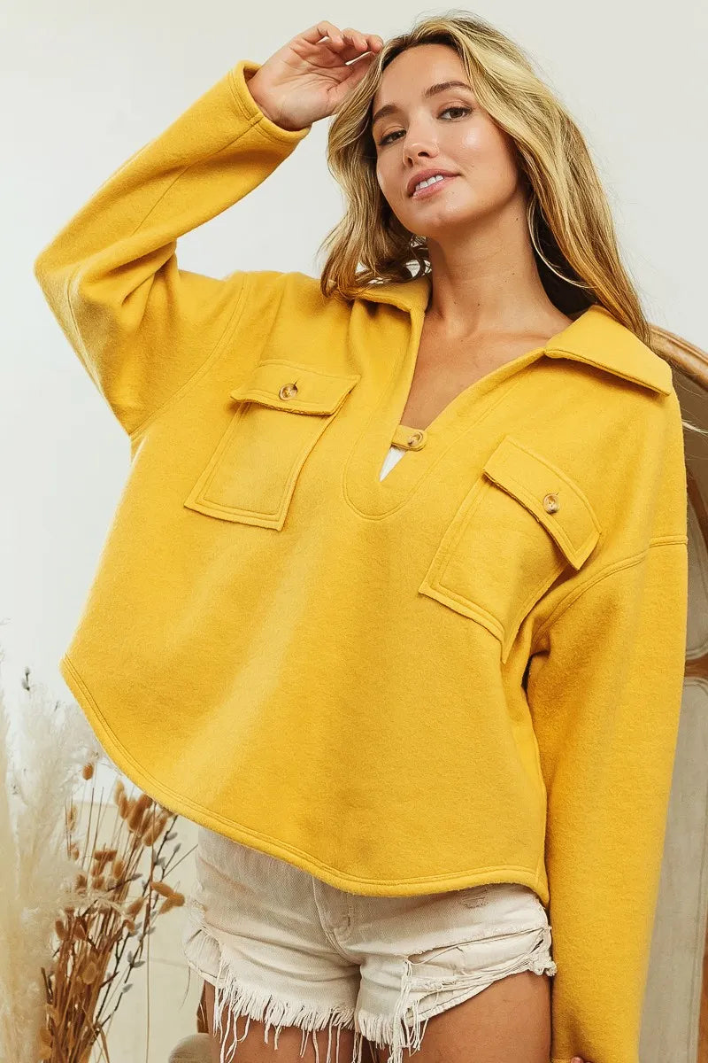 Flap Pockets Fleece Collared Sweatshirt