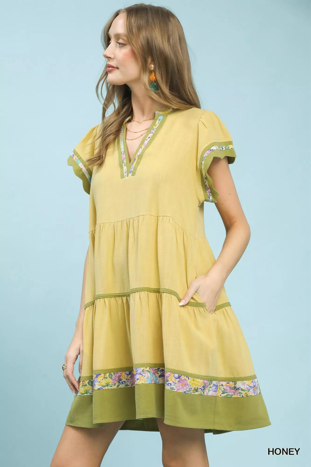 Linen Tiered Flutter Sleeve Dress with Floral Trim