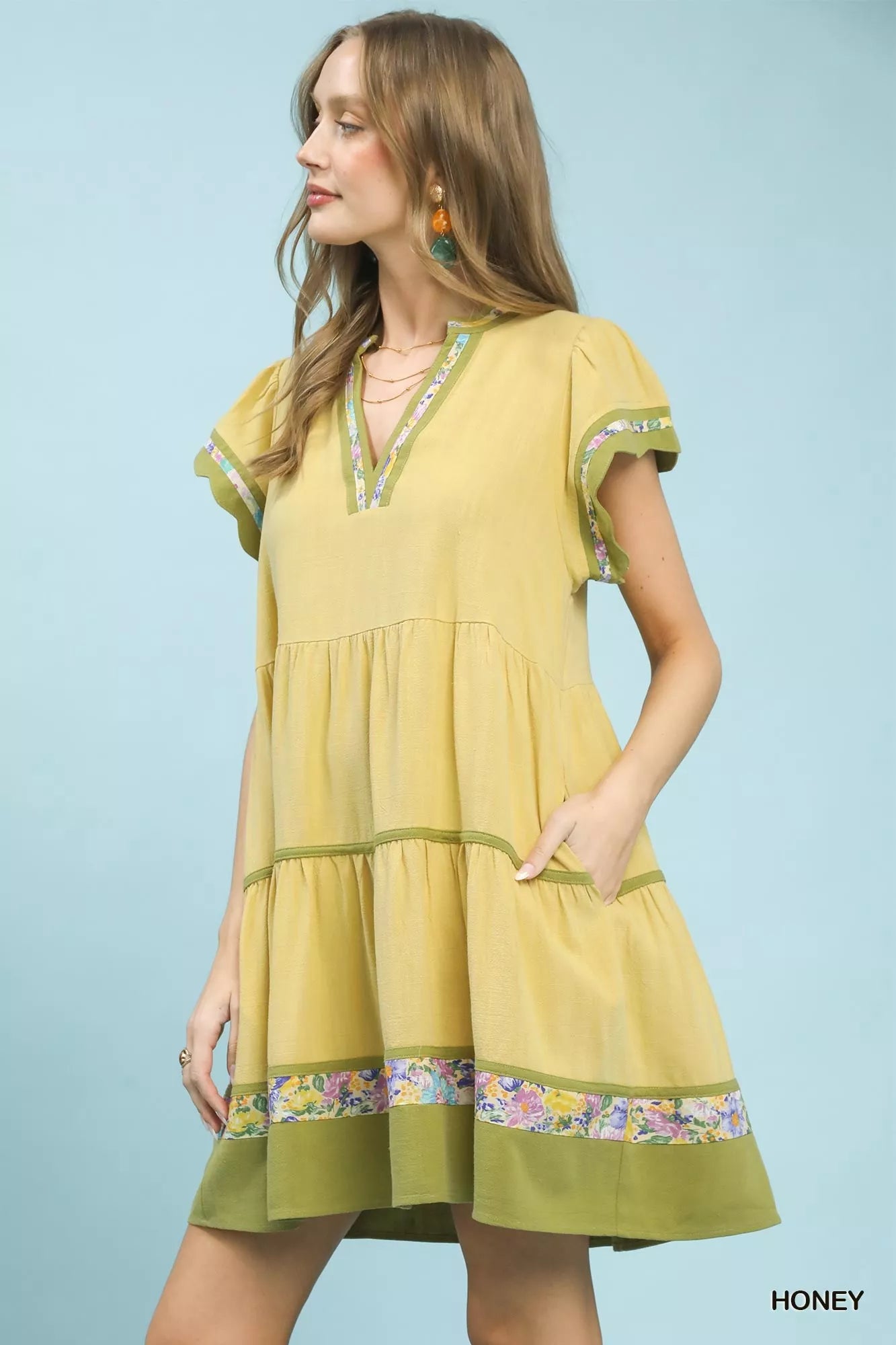 Linen Tiered Flutter Sleeve Dress with Floral Trim
