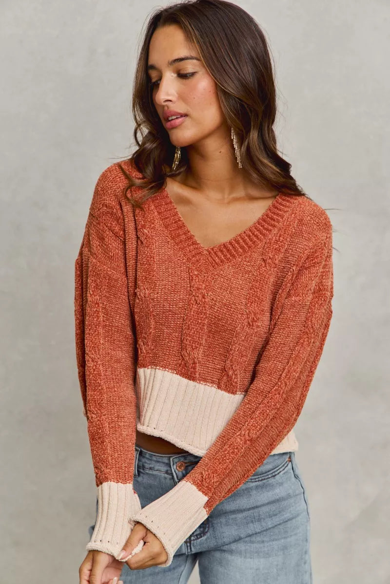 Chenille Cable Knit V Neck Contrast Cropped Sweater