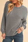 Khaki Stripe Round Neck Drop Shoulder Long Sleeve Top