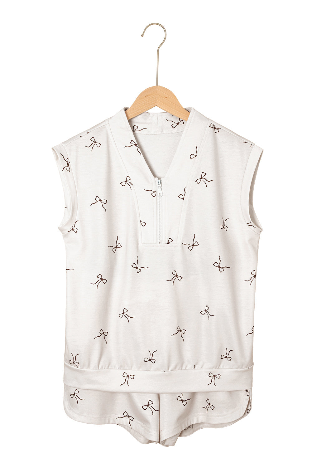 Beige Bow Print Half Zip Tank and Shorts 2pcs Set